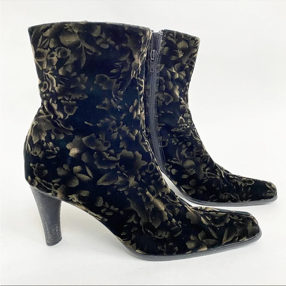 Staccato Vintage Ankle Boots Velvet Brocade Floral Print Black Heeled Size 6.5